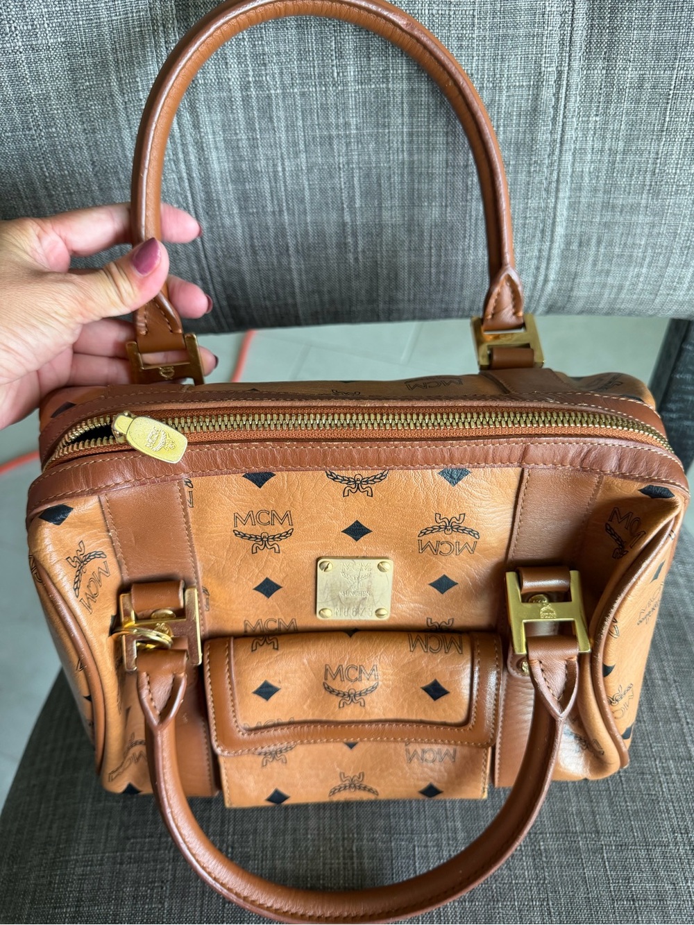 MCM Cognac Visetos Logo Satchel with Gold Hardware - Picture 9 of 12
